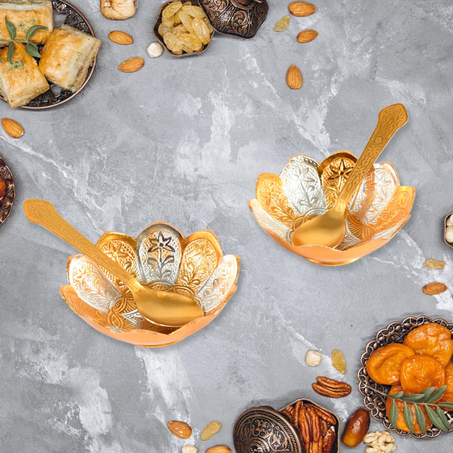 5in1 Gold Silver Plated 2 Bowl 2 Spoon Tray Set Brass with Red Velvet Gift Box Serving Dry Fruits Desserts Gift 5in1 Gold Silver Plated 2 Bowl 2 Spoon Tray Set Brass with Red Velvet Gift Box Serving Dry Fruits Desserts Gift